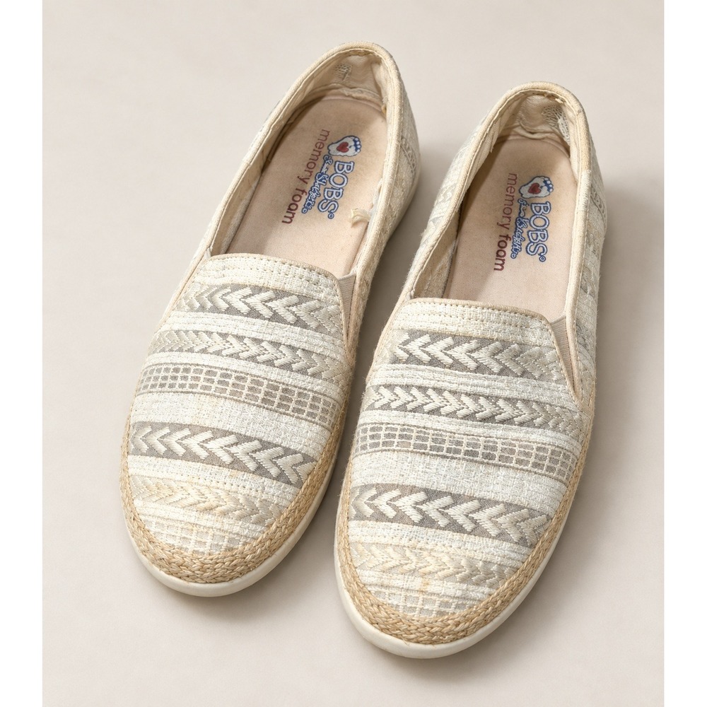Skechers BOBS Women Cream Geometric Woven Espadrille Slip On Memory Foam Flats